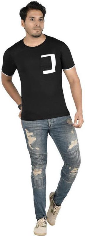 Men Colorblock Round Neck Poly Cotton Black T-Shirt