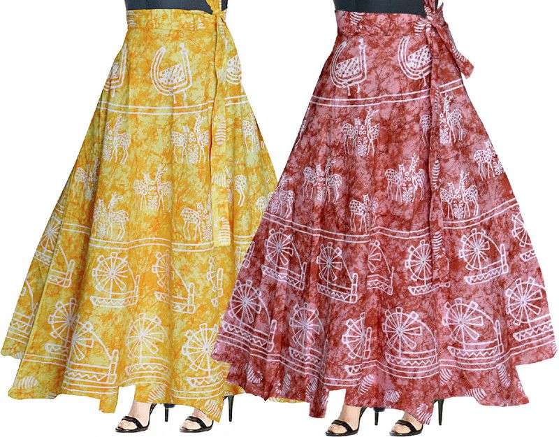 Women Printed Flared Yellow, Pink Skirt