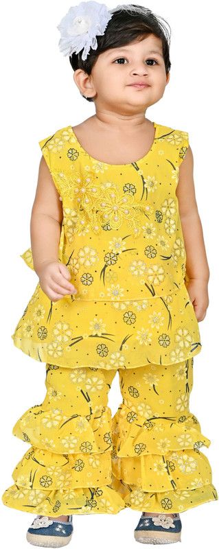 Baby Girls Casual Top Trouser  (Yellow)