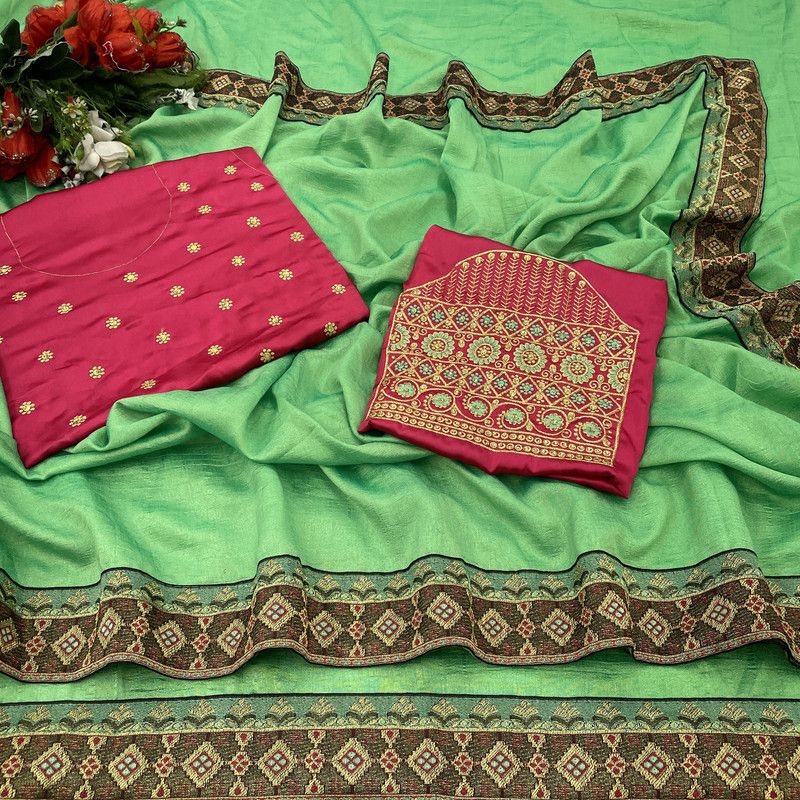 Woven Fashion Silk Blend Saree  (Green, Pink)