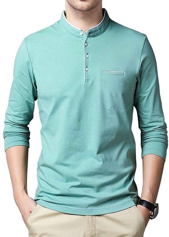 Men Solid Mandarin Collar Cotton Blend Light Blue T-Shirt