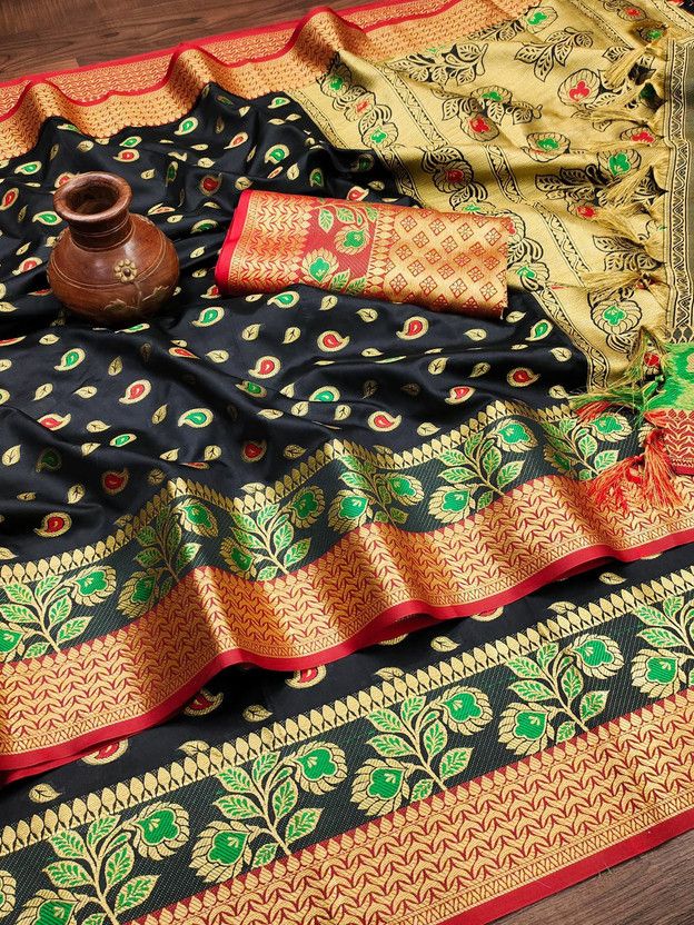 Printed Kanjivaram Jacquard, Art Silk Saree  (Black)