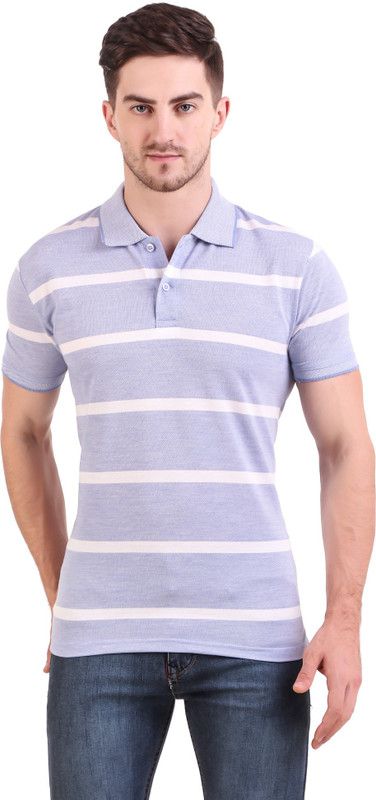 Men Striped Polo Neck Cotton Blend Light Blue, White T-Shirt
