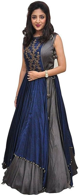 Embroidered Silk Blend Semi Stitched Anarkali Gown  (Grey)