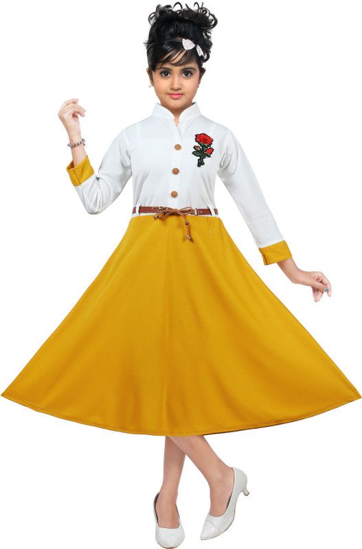 Girls Below Knee Casual Dress  (Yellow, Full Sleeve)