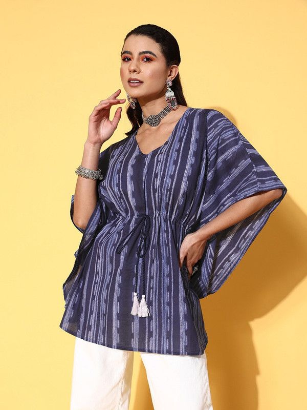 Women Printed Cotton Blend Kaftan Kurta  (Blue)