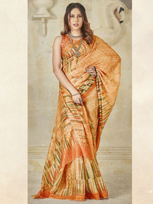 Printed Banarasi Cotton Silk Saree  (Mustard)