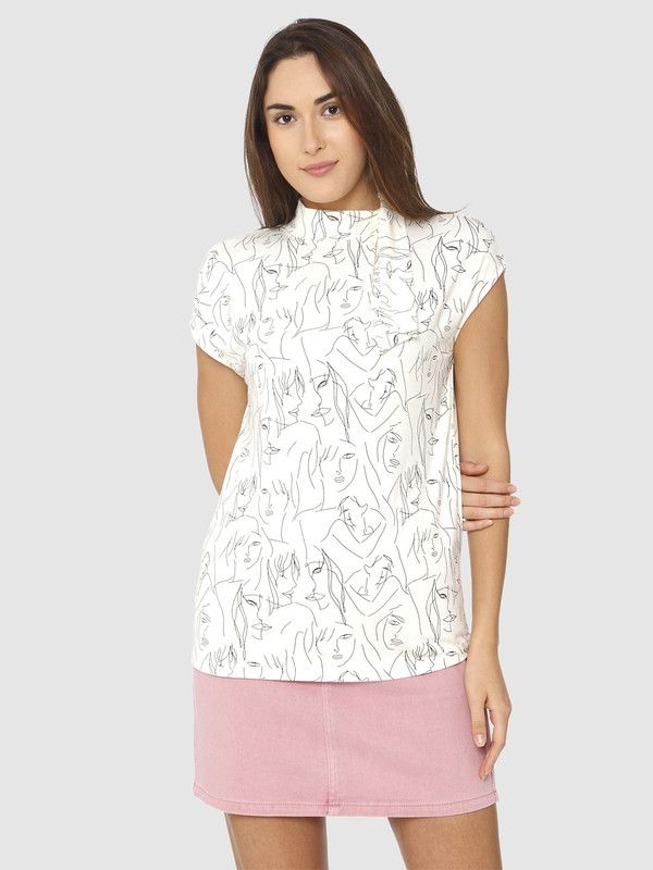 Women Printed High Neck Poly Cotton Beige T-Shirt