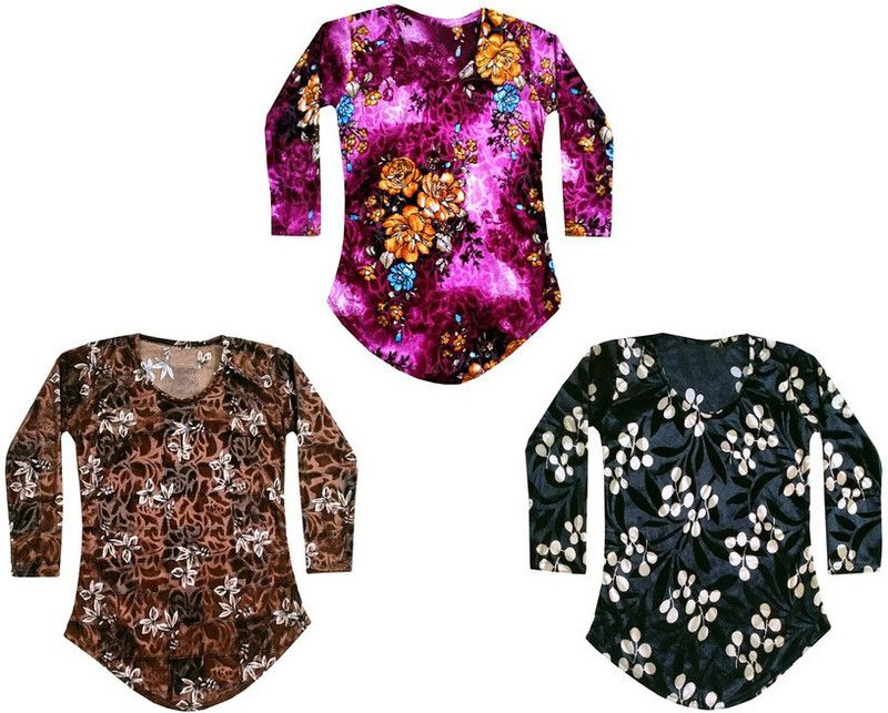 Girls Velvet Full Sleeve Top  (Multicolor, Pack of 3)