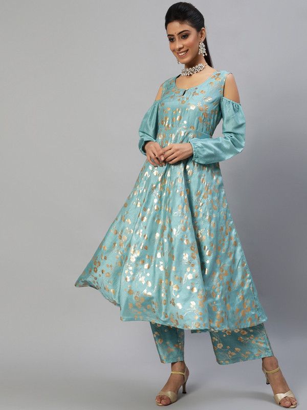 Women Floral Print Silk Blend Anarkali Kurta  (Blue)