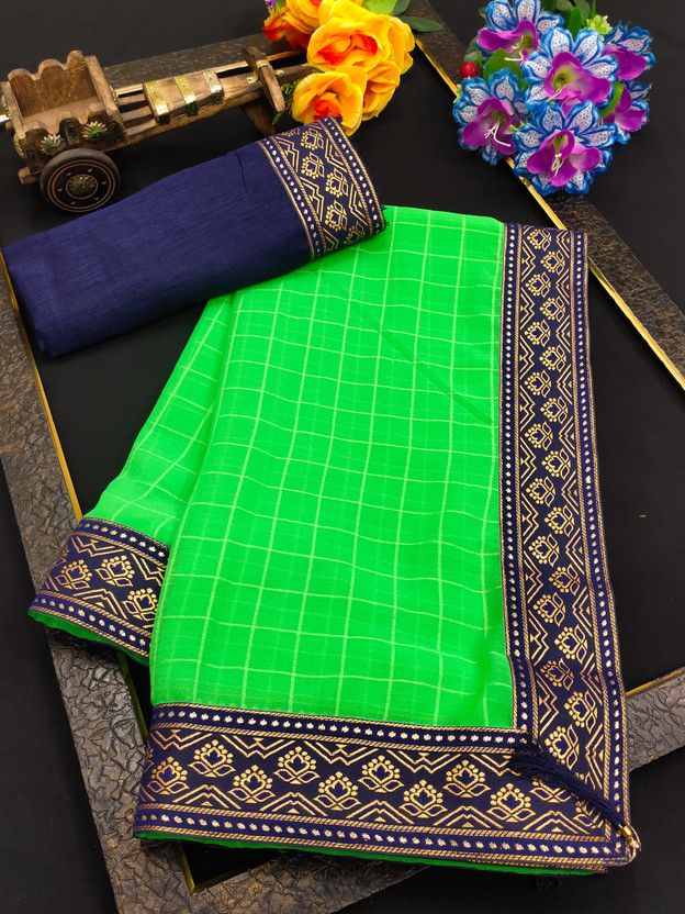Checkered Handloom Linen Saree  (Green)
