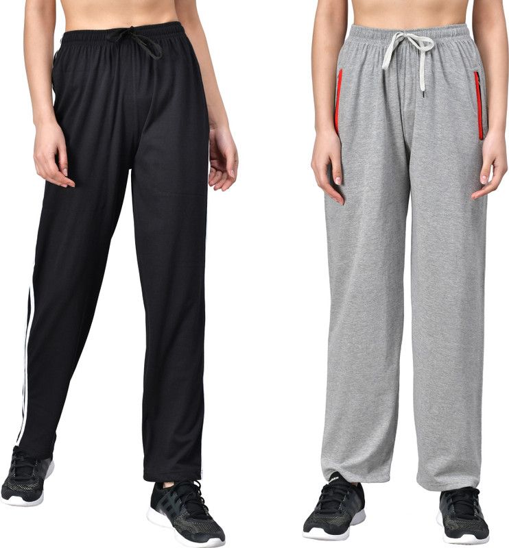 Pack of 2 Women Solid Black, Grey Track Pants