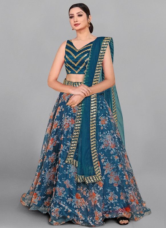Printed Semi Stitched Lehenga Choli  (Blue)