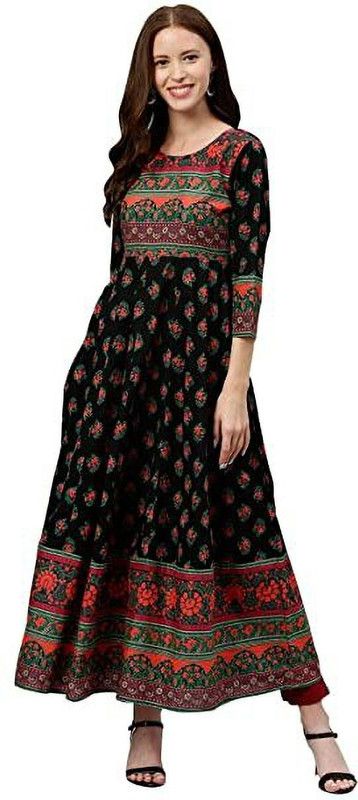 Women Block Print Cotton Blend Anarkali Kurta  (Black)