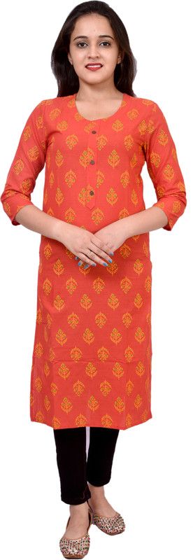 Women Printed Cotton Linen Straight Kurta  (Orange)