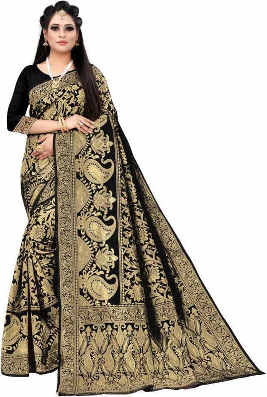 Woven Banarasi Jacquard, Art Silk Saree  (Black)