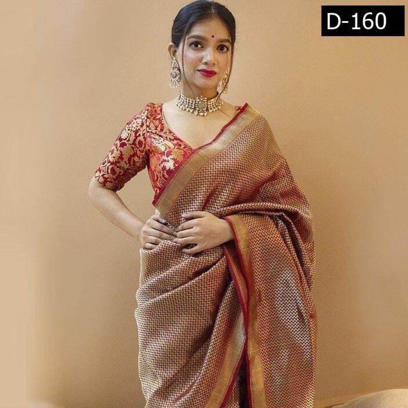 Geometric Print Kanjivaram Silk Blend Saree  (Red)