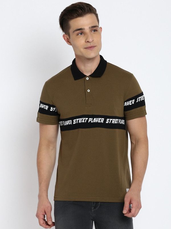 Men Printed Polo Neck Cotton Blend Brown T-Shirt