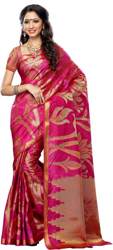Woven Kanjivaram Tussar Silk Saree  (Gold, Pink)