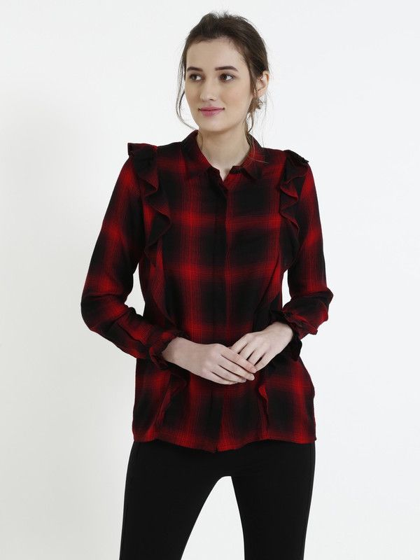 Casual Ruffled Sleeves Checkered Women Red, Black Top