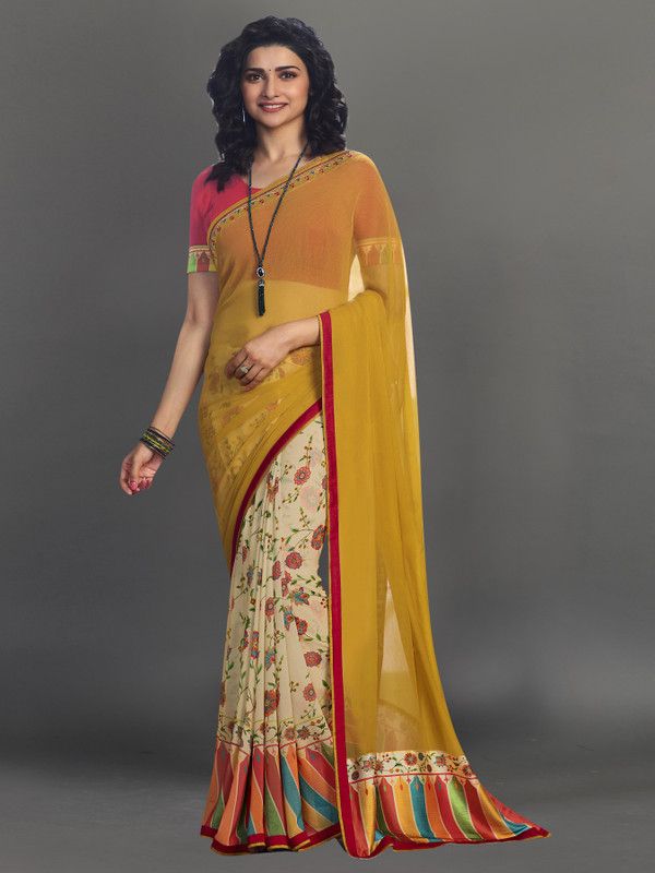 Printed, Self Design, Digital Print, Floral Print, Solid/Plain Bollywood Georgette, Chiffon Saree  (Beige, Yellow)
