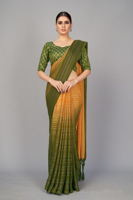 Striped Fashion Silk Blend Saree  (Green)