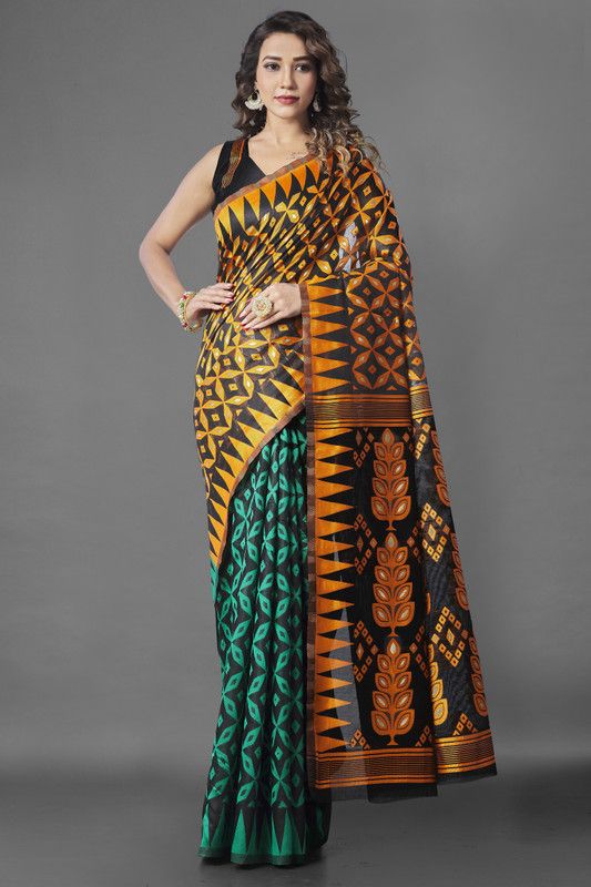 Printed Jamdani Pure Cotton Saree  (Black)