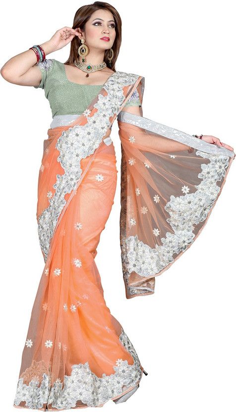 Embroidered Bollywood Cotton Blend Saree  (Orange)