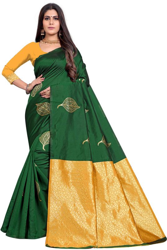 Woven Banarasi Art Silk Saree  (Dark Green)