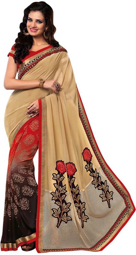 Embroidered Bollywood Georgette Saree  (Red, Brown, Beige)