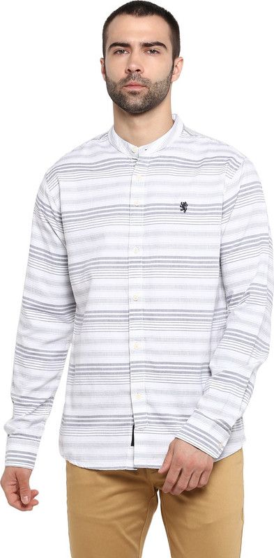 Men Regular Fit Striped Mandarin Collar Casual Shirt
