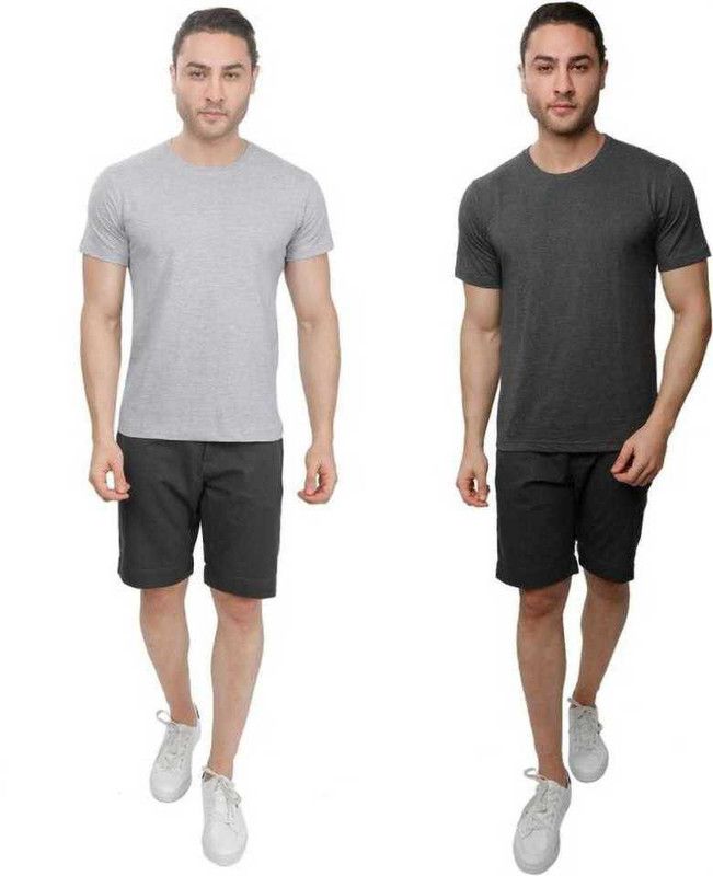 Pack of 2 Wild Horn Round Neck Men Solid Round Neck Cotton Blend Black, Grey T-Shirt