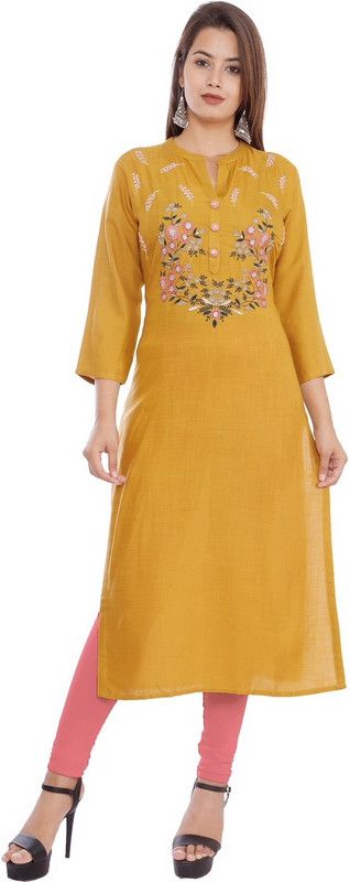 Women Embroidered Viscose Rayon A-line Kurta  (Yellow)