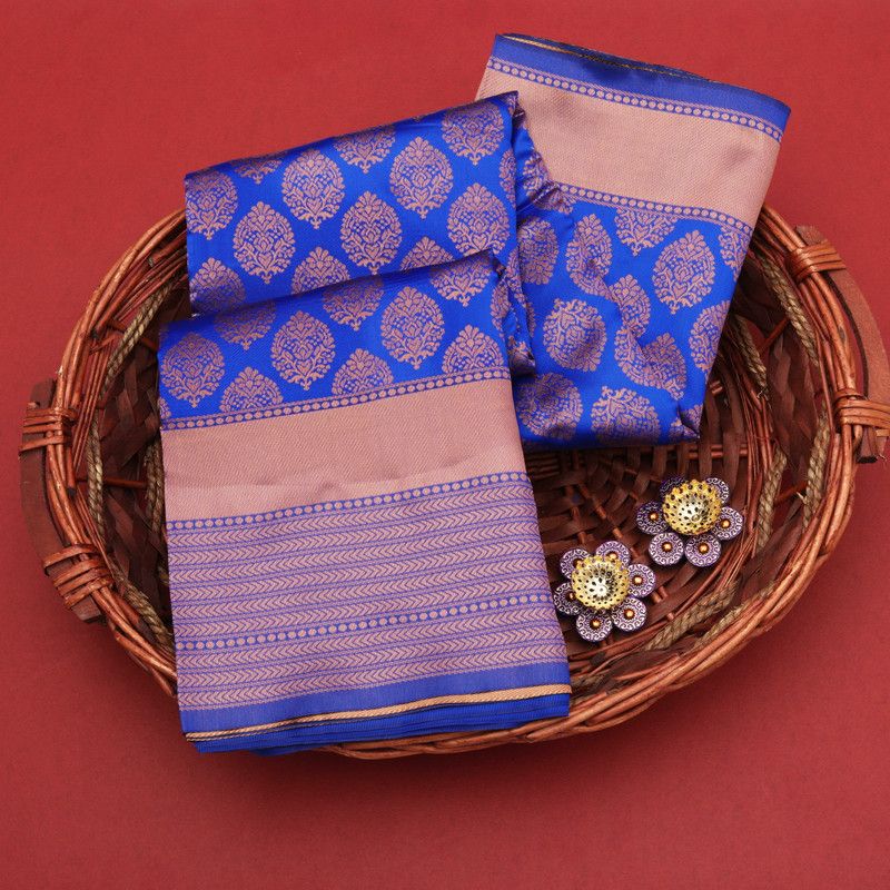 Woven, Embellished, Floral Print, Solid/Plain Kanjivaram Pure Silk, Art Silk Saree  (Blue)