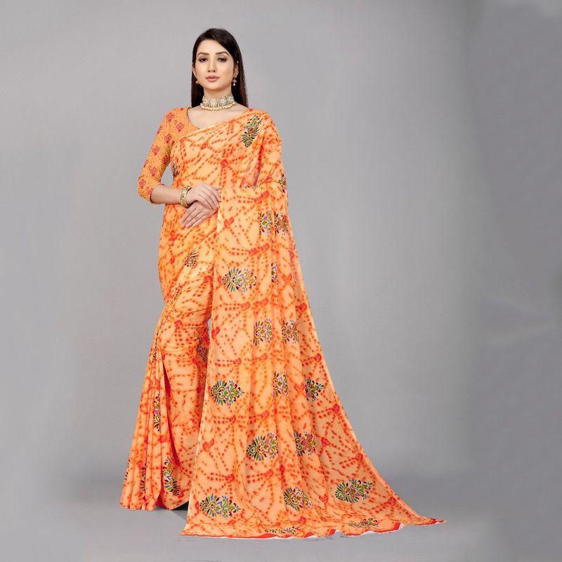 Floral Print Bollywood Georgette Saree  (Orange)