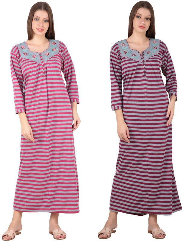 Pack of 2 Women Nighty Set  (Pink, Grey, Purple)
