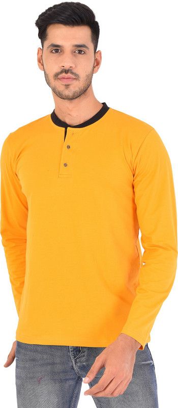 FREQUE SOLID HENLEY NECK BLACK MUSTARD T-SHIRT Men Solid Henley Neck Cotton Blend Yellow T-Shirt