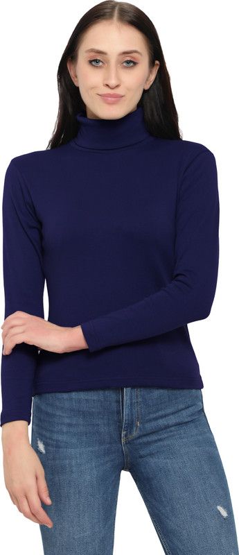 Women Solid High Neck Elastane Dark Blue T-Shirt