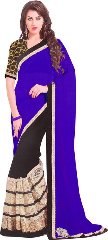Solid/Plain Bollywood Handloom Georgette, Cotton Blend Saree  (Blue, Black)
