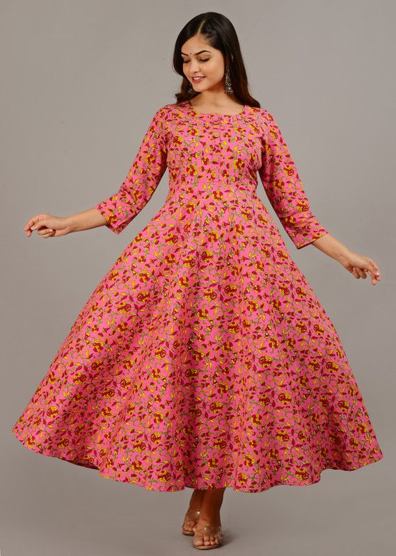 Printed Cotton Blend Stitched Flared/A-line Gown  (Pink)