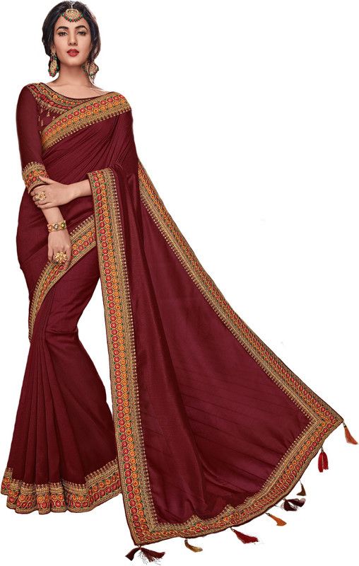 Embroidered, Solid/Plain Bollywood Silk Blend, Chiffon Saree  (Brown)