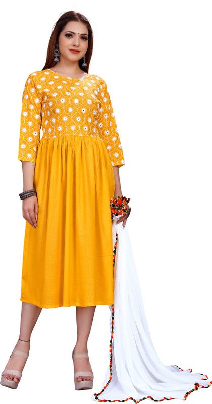 Women Embroidered Viscose Rayon Flared Kurta With Attached Dupatta  (Yellow)