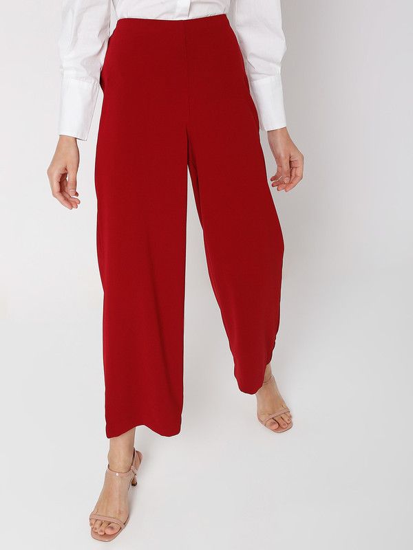 Women Flared Red Polycotton Trousers