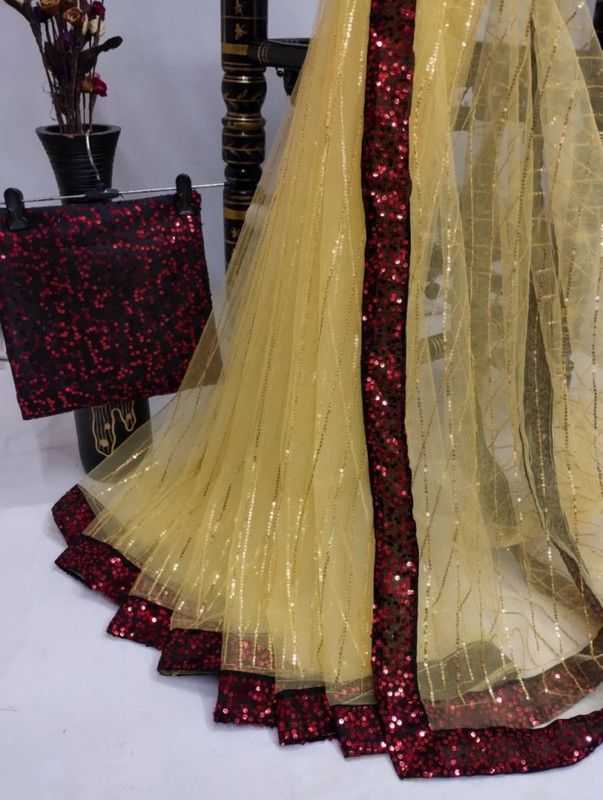 Embellished Bollywood Net Saree  (Cream)