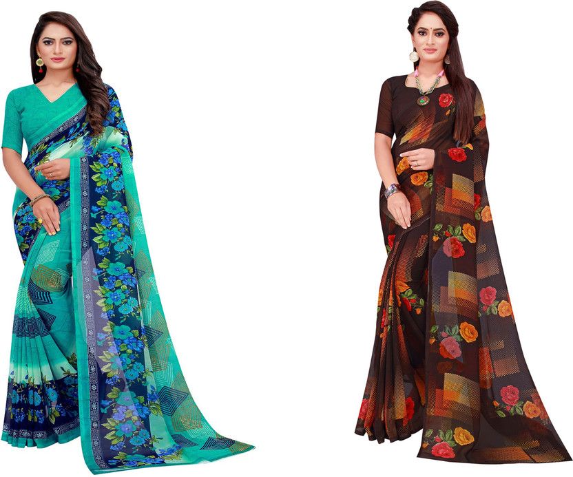 Printed Daily Wear Georgette Saree  (Pack of 2, Cream)