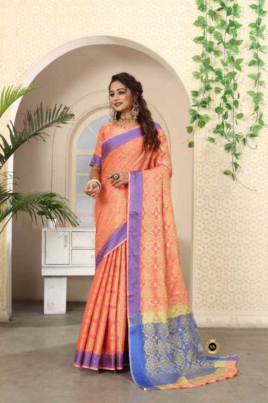 Color Block, Woven Ilkal Jacquard Saree  (Orange)