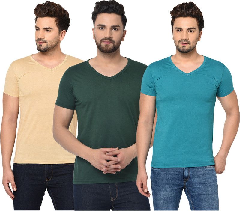 Pack of 3 V neck Combo T-shirts Multicolor Men Solid V Neck Cotton Blend Green, Blue, Beige T-Shirt