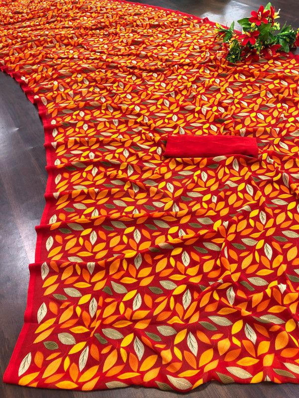 Digital Print, Floral Print, Self Design, Woven Daily Wear Georgette, Pure Silk Saree  (Red, Yellow)