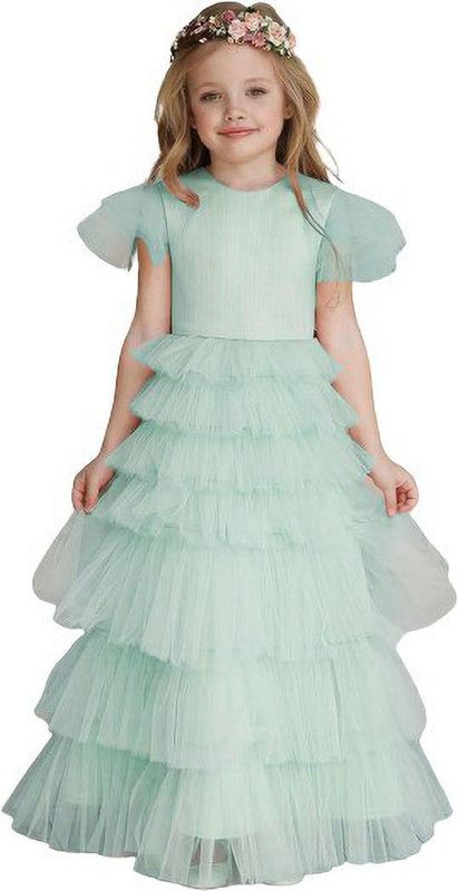 Girls Maxi/Full Length Festive/Wedding Dress  (Green, Short Sleeve)