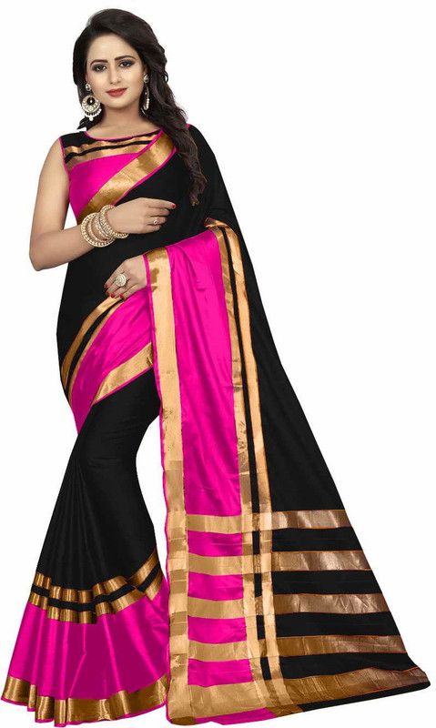Color Block Maheshwari Cotton Silk Saree  (Black, Pink)